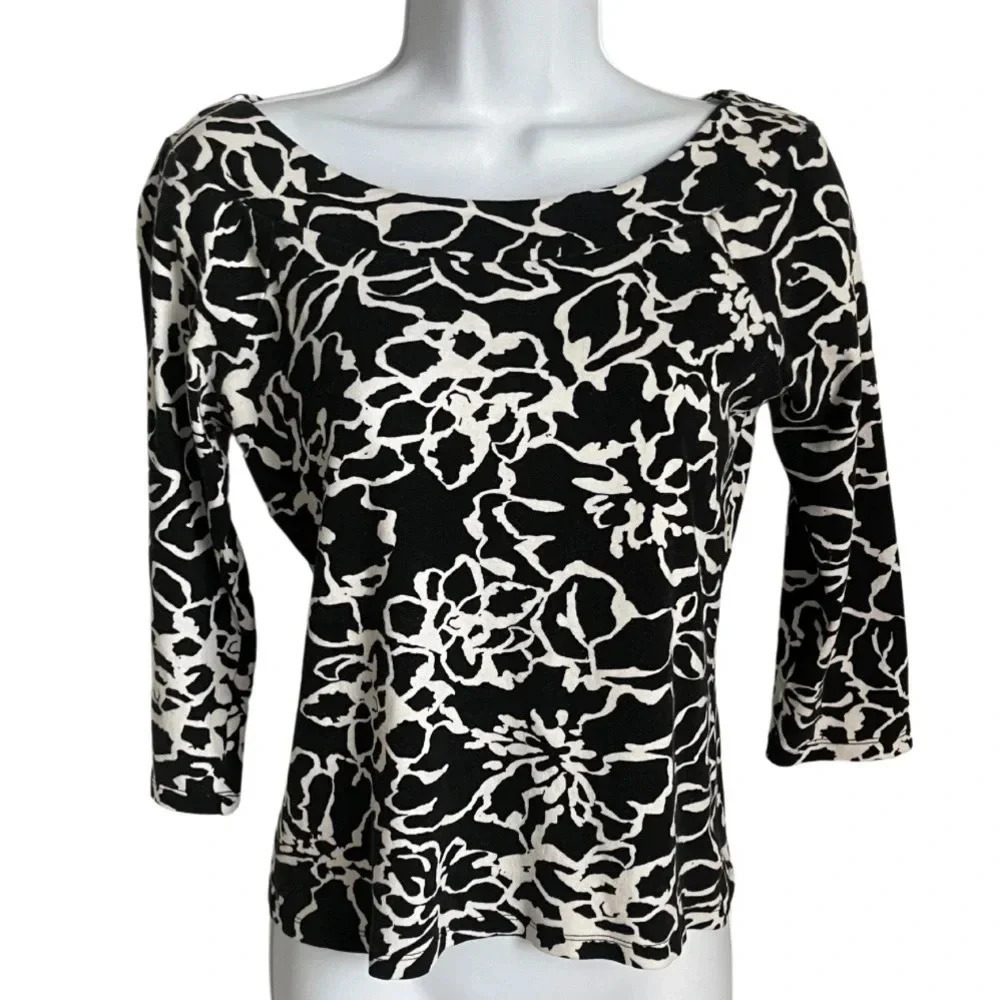Jones New York Signature Black & White Floral Print Top - Size Small - Cotton